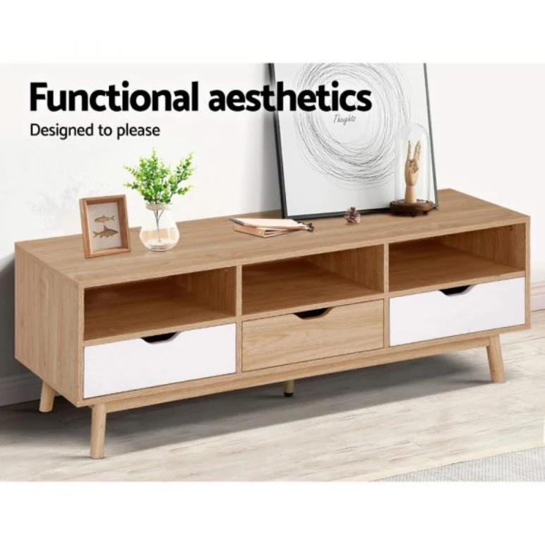 Wholesale scandinavian nordic melamine board wood oak 3 drawer TV media console cabinet living room