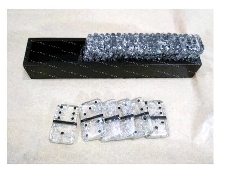 28 Tiles Ivory White Double Six Dominoes Black Dot Plastic Domino Game Set with Center Spinner in Wood Box