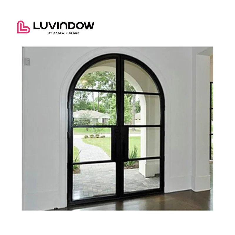 Popular Hot Selling Main Entrance Double Door High Security Wind Proof French Style Arches Exterior Iron Glass Doors