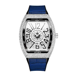 PINTIME Men's Fashion Cool Unique Tonneau Custom Watch Iced Out Bling Crystal Rhinestone Quartz Wristwatches with Rubber Strap