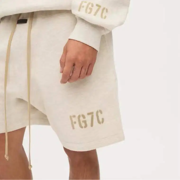 22ss High Street Bieber FOG Double Thread Flocked Letter Sweatpants Couple Hip Hop Loose Drawstring Shorts