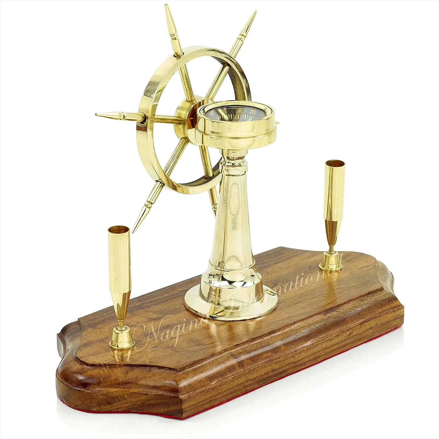 Exclusive Collection of Wooden & Brass Pen Holder with Time Clock Table Desk Pen Holder with Shiny Polish Pen Holder
