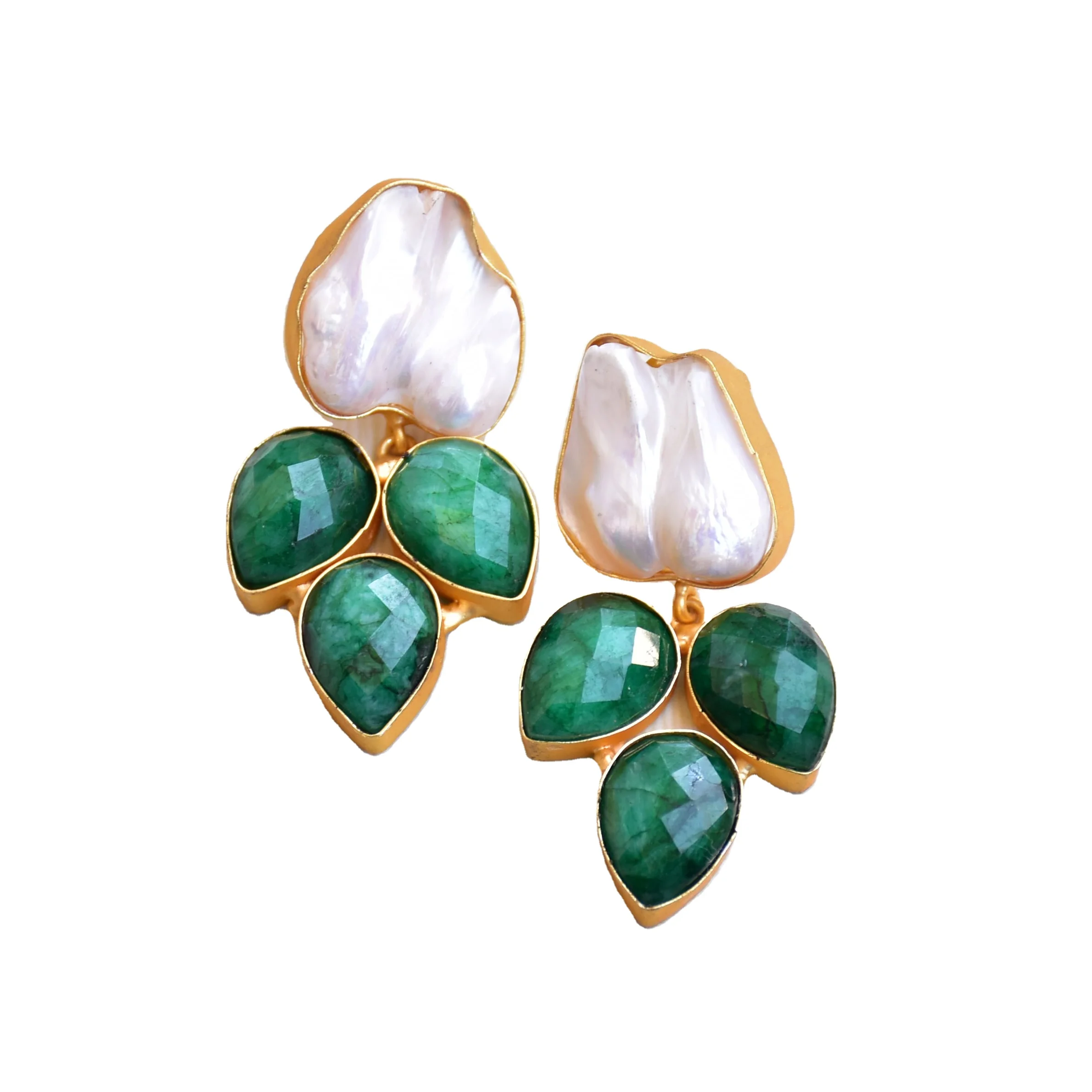 Green Statement Earrings with Pearl baroque drop Jewelry Model for Women Gold Plated Handmade dangle earring Stud Unique design