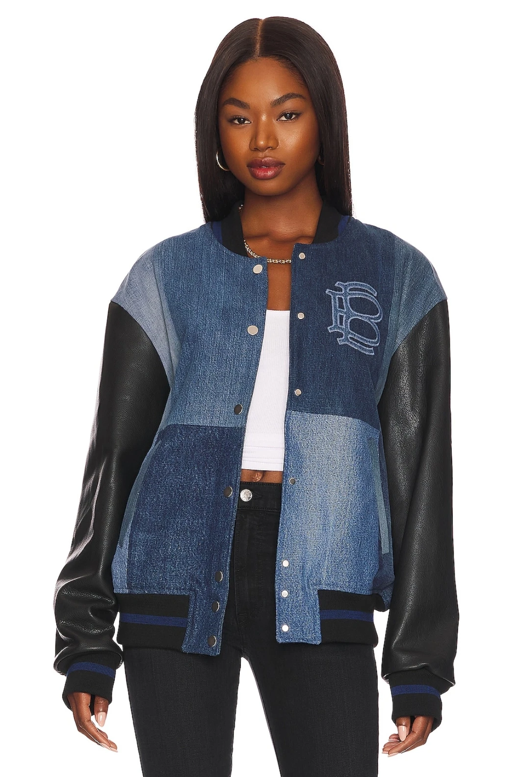 E B Denim Light Blue & Ivory Front Snap Button Closure Side Slant Pockets Leather Sleeves Patched Versity College Sports Jacket