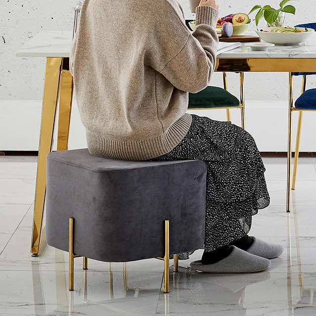 Luxury Bar Stool Modern Comfortable Velvet fabric Golden Steel Leg Square Sitting Ottoman Foot Stool Pouf for Home Hotel Shop