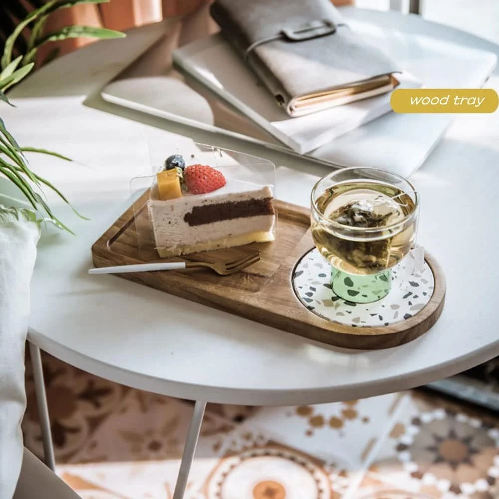 Wood Serving Tray Bread Plates with Coaster 11 Inch Rectangular Service Board Acacia Plate