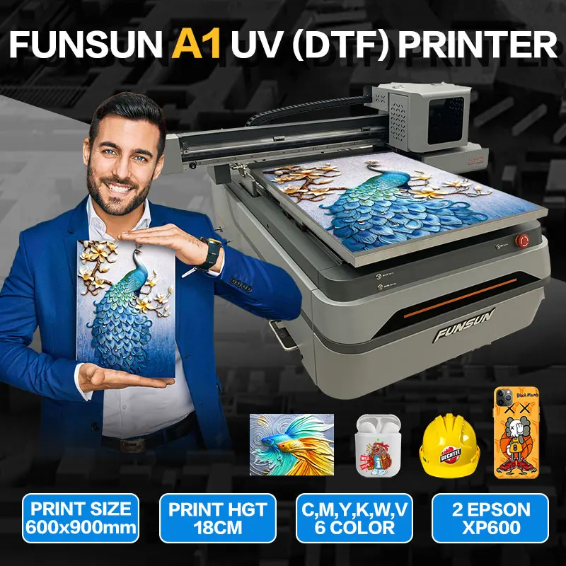 FUNSUN Big Sale Led UV Flatbed Printer 6090 UV DTF Printer for Souvenirs & Promotional A1 A2 A3 Bottle Phone Case UV Printer