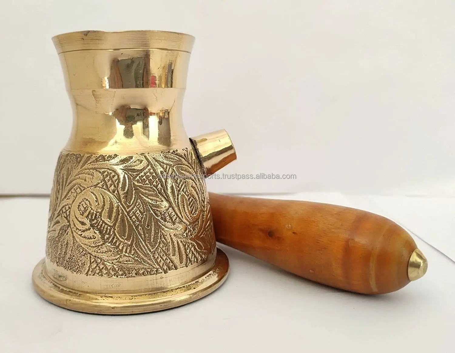Golden Turkish Greek Arabic Coffee Pot Brass Metal Coffee Maker with Wooden Handle ( Medium - 10 Oz) Leaf Branch Engraved