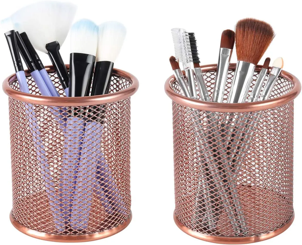 Elegant Set of 2 round Brass Pen Holders Rose Gold Metal Wire Pencil Organizer and Makeup Brush Holder for Desk