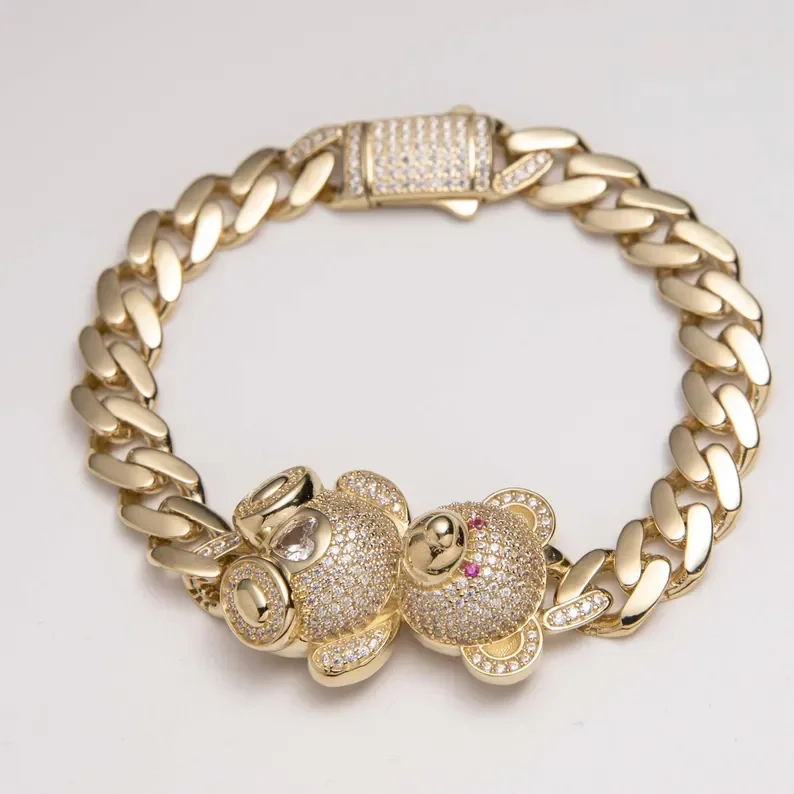 Shiny Teddy Bear Cuban Link Chain Bracelet Box Lock Real 10k Yellow Gold Plated Bracelet Moissanite Diamond Bracelet