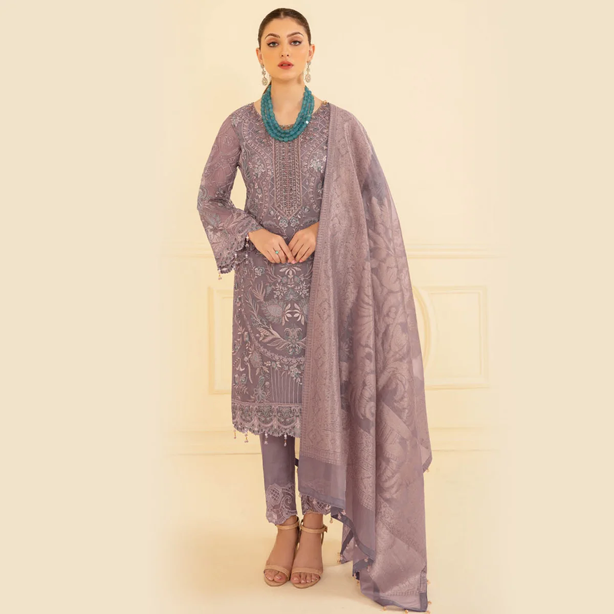 Wholesale Indian Pakistani wedding dresses online In Grey Color Over Heavy Embroidery In Front and Dupatta in Chiffon Fabric