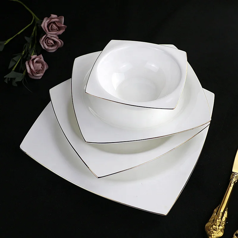 24pcs square  gold rim tableware wholesale bone china dinner sets OEM wholesale yemek takimi square porcelain dinnerware