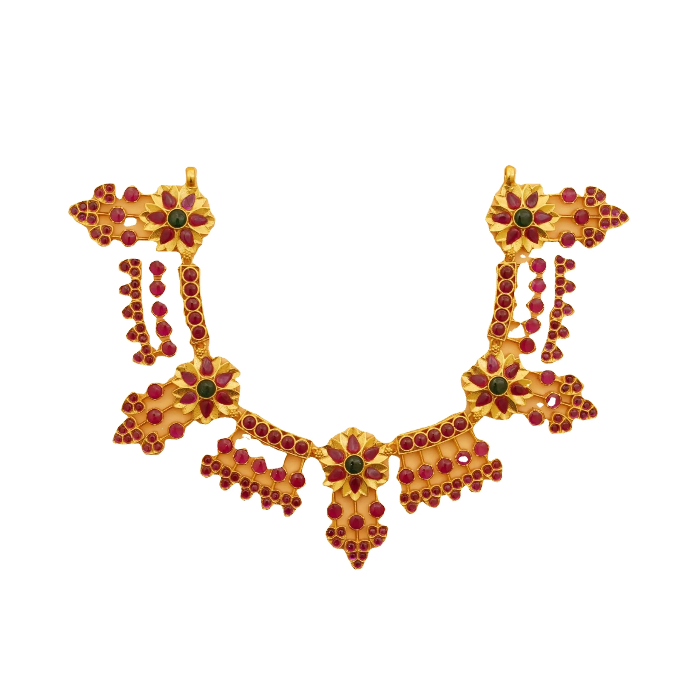 Statement Designer Wholesale Indian Bridal Gold Plated Ruby Stone Studded Floral Motifs Temple Jewelry Necklace Set for Women
