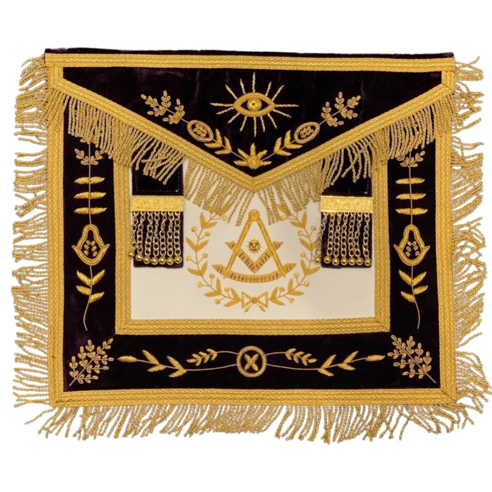 High-Quality Past Master Embroidered Masonic Apron in Purple Velvet with Gold Fringe Freemason Lodge Aprons