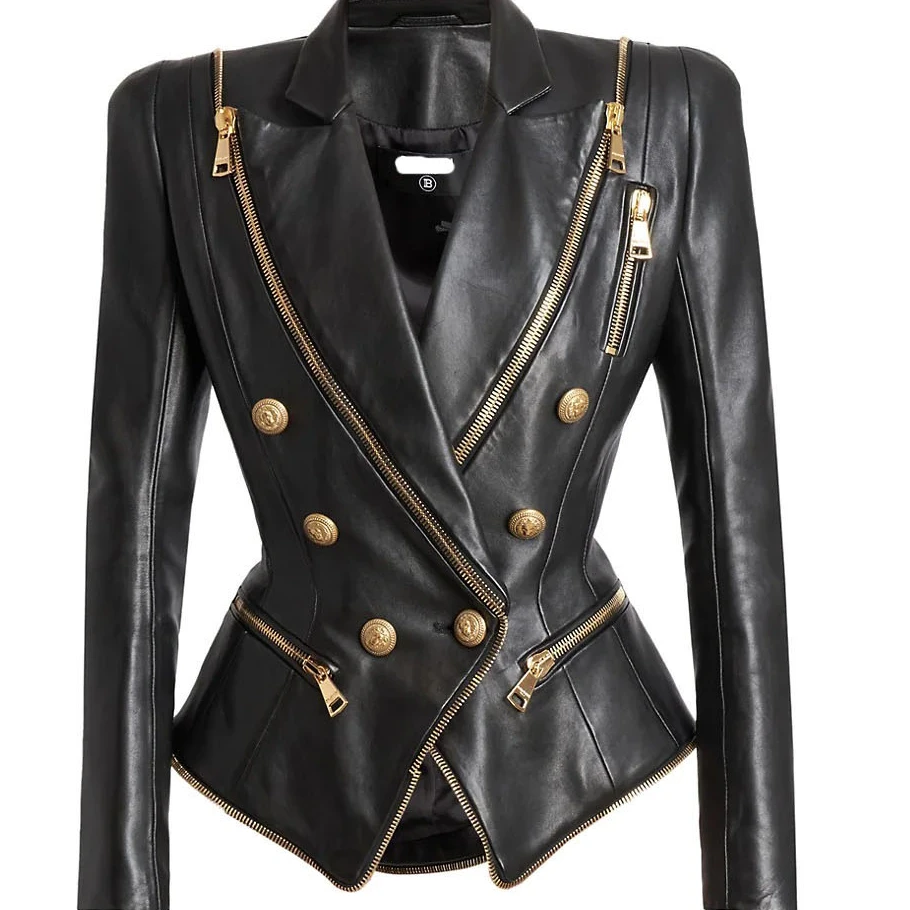 New Custom Logo Genuine Leather Wholesale Manufactures Genuine Sheep Double Breasted Zipped Leather Made Woman Jacket