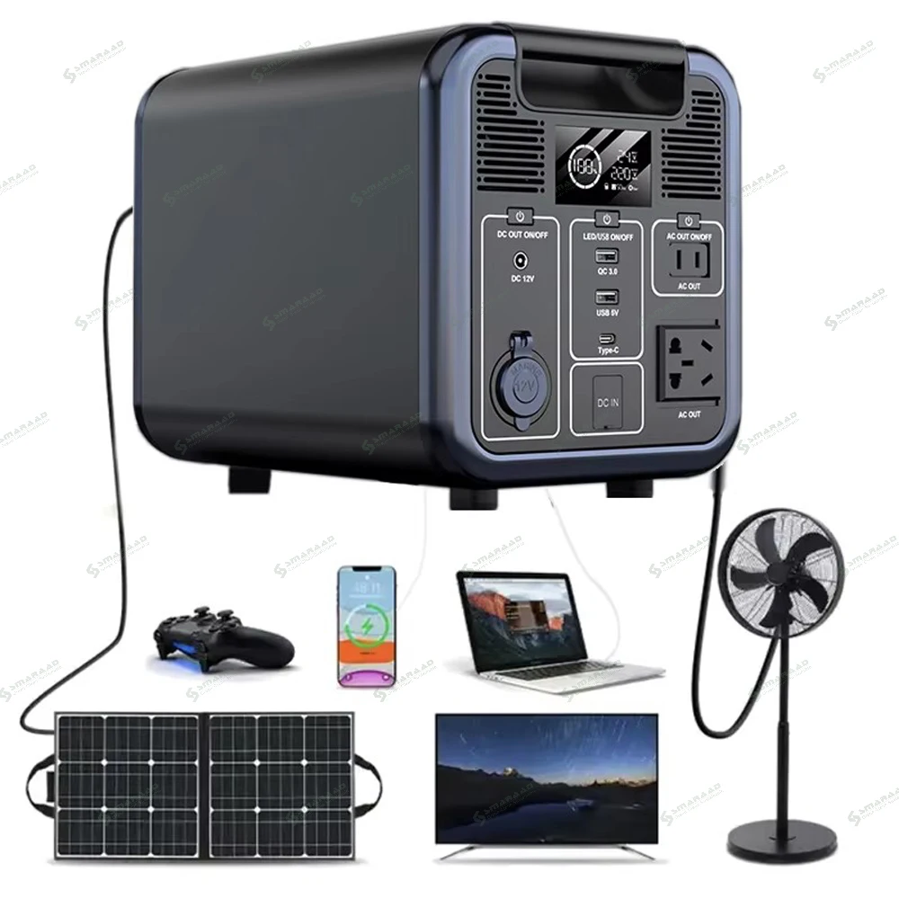 Portable Solar Power Station 800W 1200W LiFePO4 Battery Backup With 220V AC Outlet Wireless Charging Type-C LED Flashlight