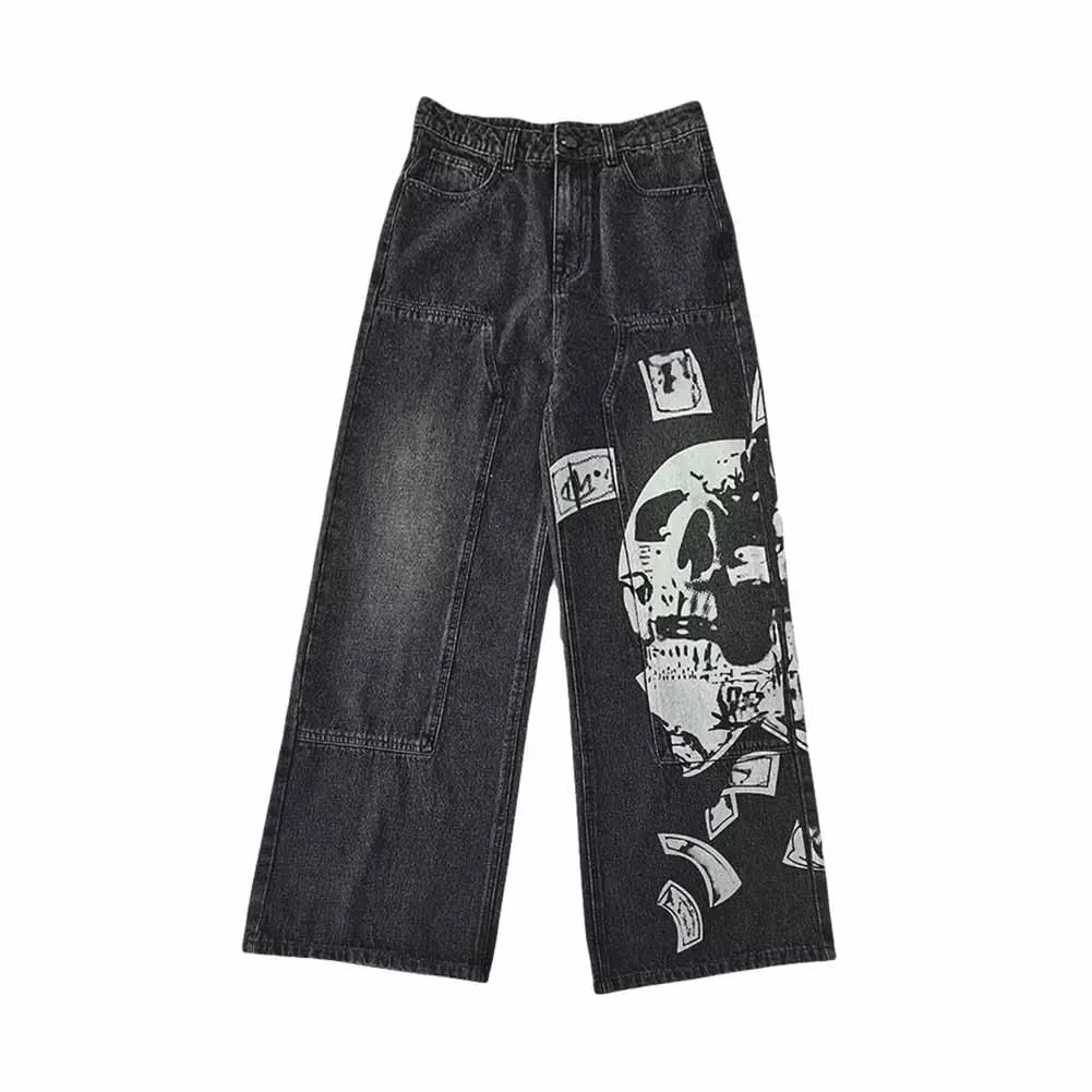 Custom printing Hip hop styles boys denim blue jeans wide leg baggy pants for men