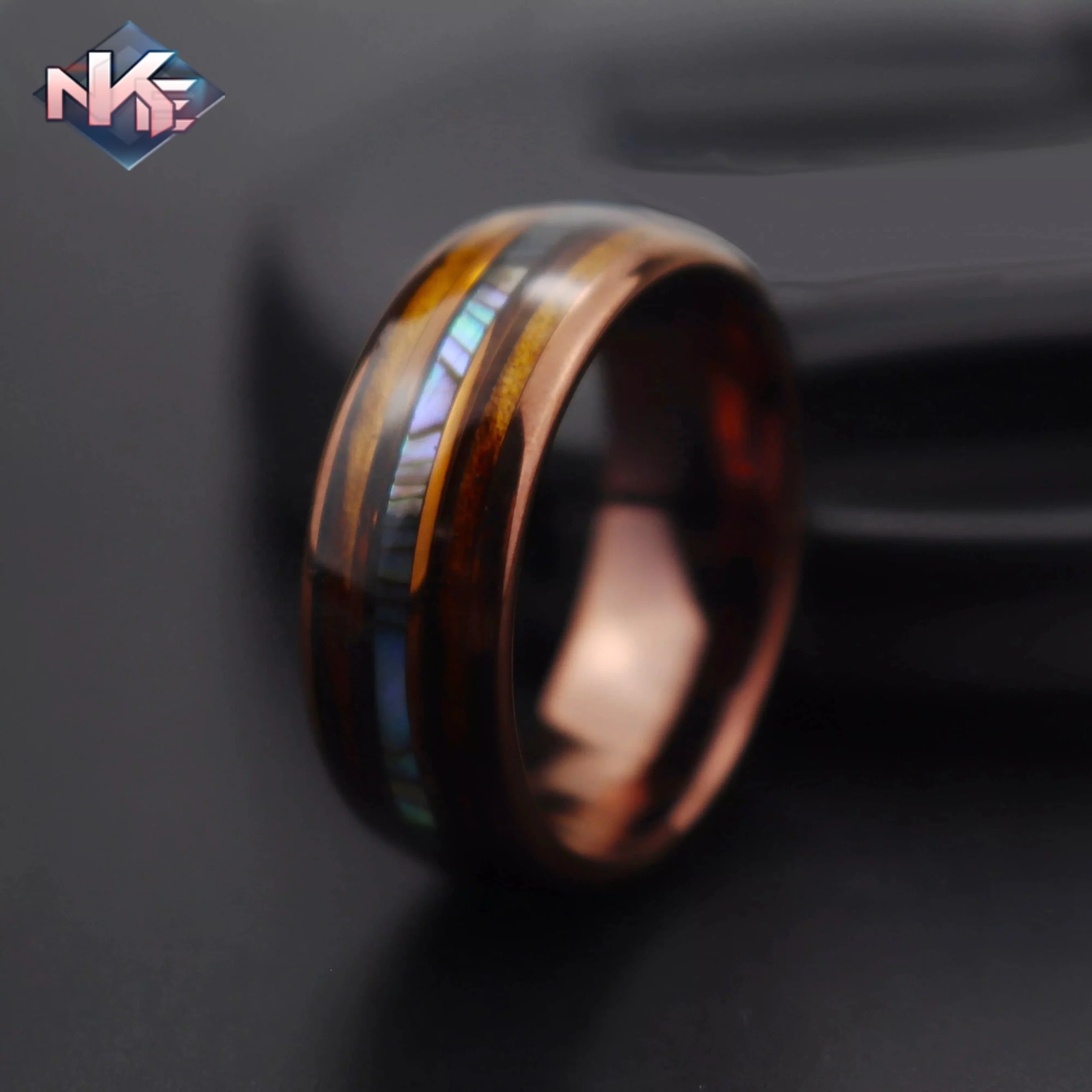 Mens Abalone Shell Whiskey Barrel Wood Inlay Coffee Tungsten Carbide Rings Ring For Men