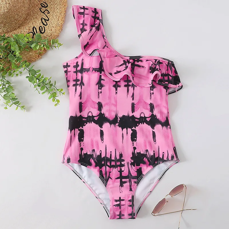2024  3Colors Ruffle Details One Shoulder Print Swimsuit Sexi Women Plus Size One Piece Swimwear