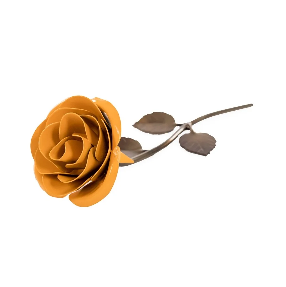 Trending Metal Rose Cover Leaves Gift of Everlasting Love Home Decoration Wrought Iron Rose Flower in Orange Color