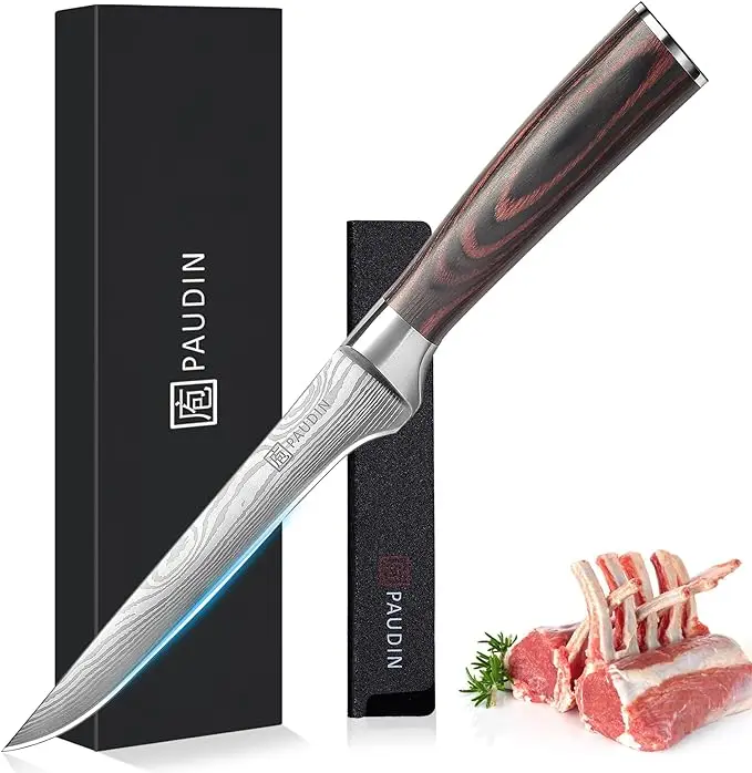 PAUDIN Boning Knife 6 Inch Super Sharp Fillet Knife German High Carbon Stainless Steel Deboning Knife Pakkawood Handle with Box