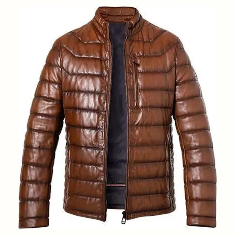 Genuine Sheepskin Nappa Leather Down Bubble Jacket For Men Cognac Color Customize Design For Winter Season