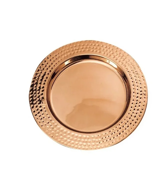 Latest Design Handmade Metal Round Shaped Charger Plates With Hammer Copper Plated Charger Plates
