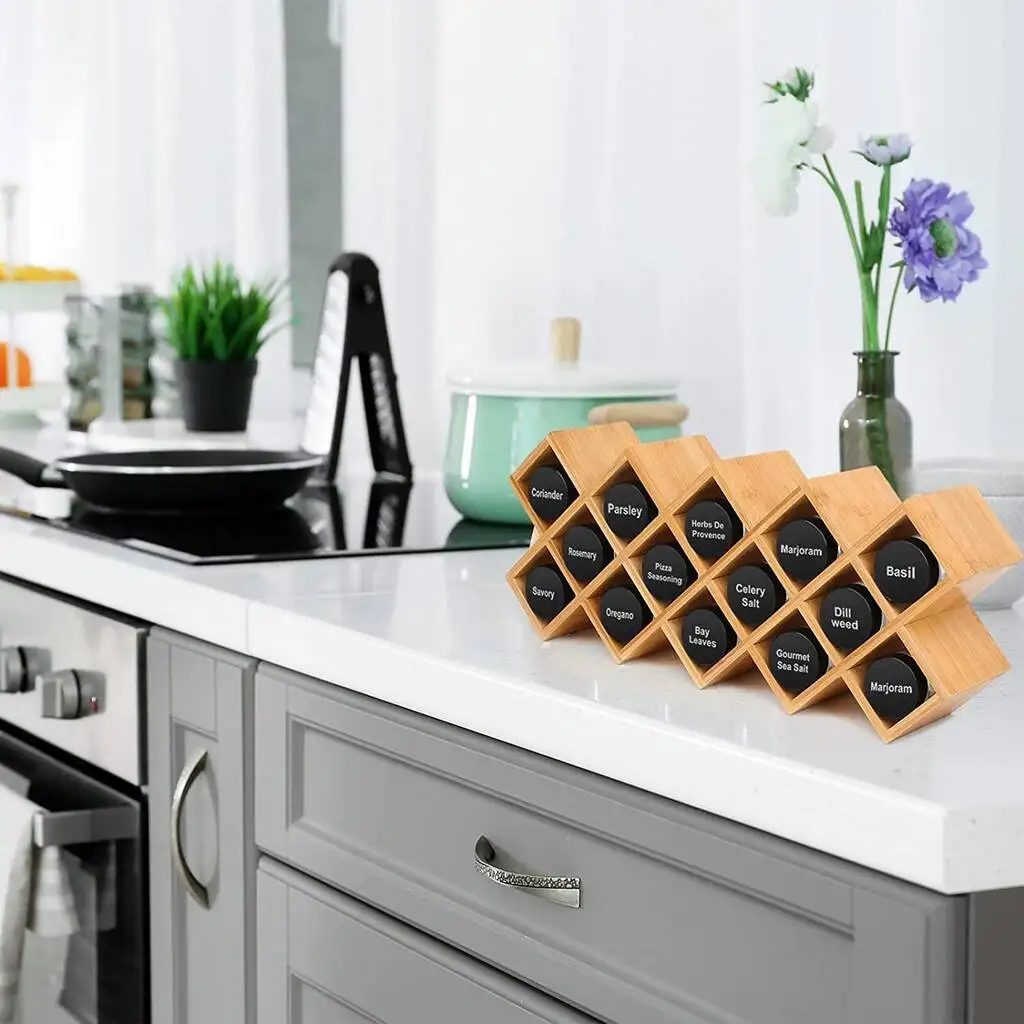 Bamboo Spice Rack Eco friendly Seasoning Jars Holder 14 Bottles Free Standing Countertop Storage Organizer Shelf for Kitchen