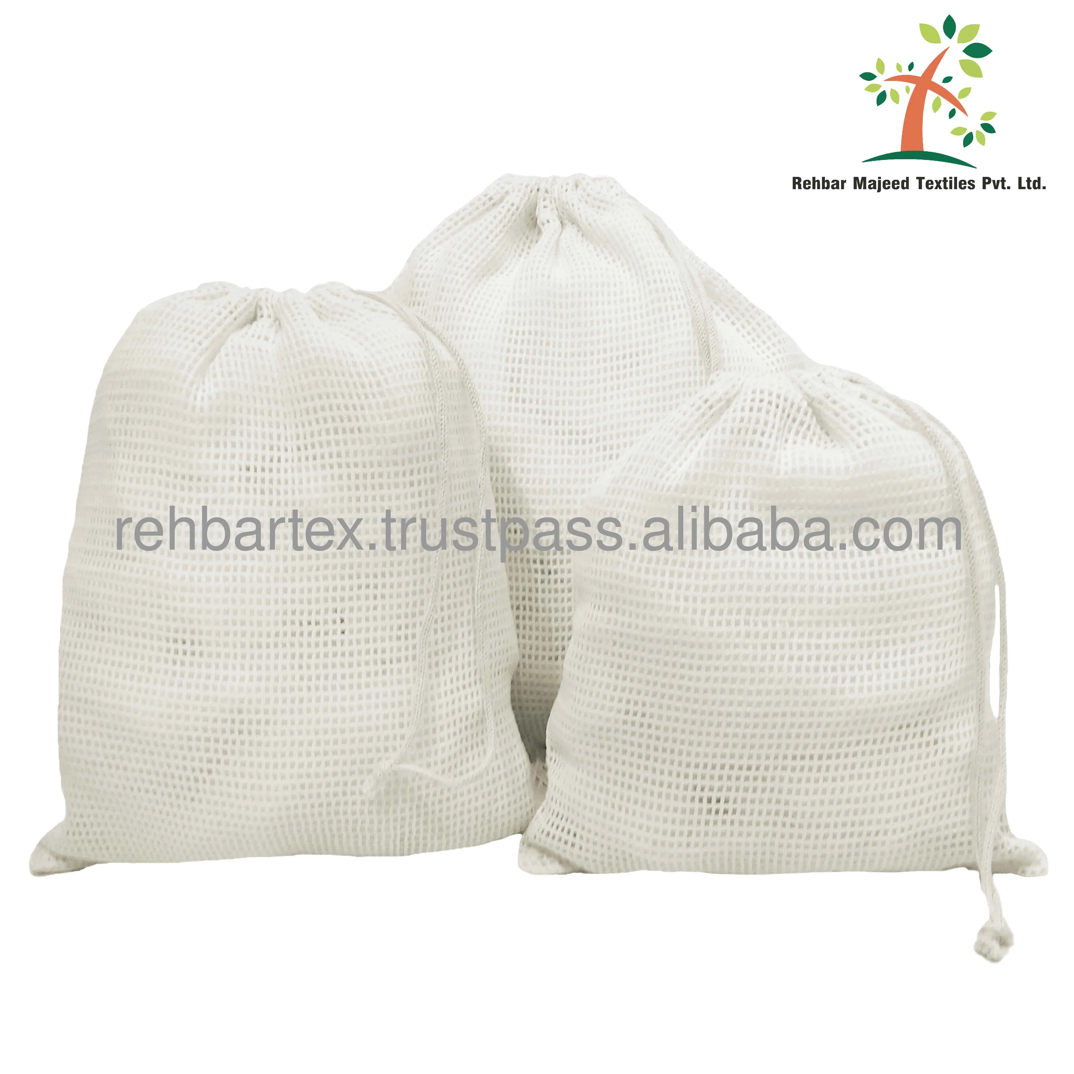 100% Cotton Mesh Bags With Drawstring Washable, Eco Friendly Customized Size Mesh Net Bags To Carry Fruits, Vegetables & Grocery