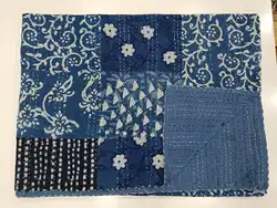 Indian Hand Block Kantha Bed Cover Gudari Indigo Patchwork Printed 100% Cotton