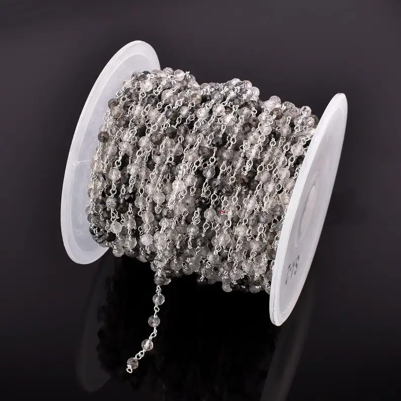 Natural Black Rutile Faceted Round Gemstone Rosary Chain Solid 925 Sterling Silver Wire Wrapped Link Chain Silver Manufacturer