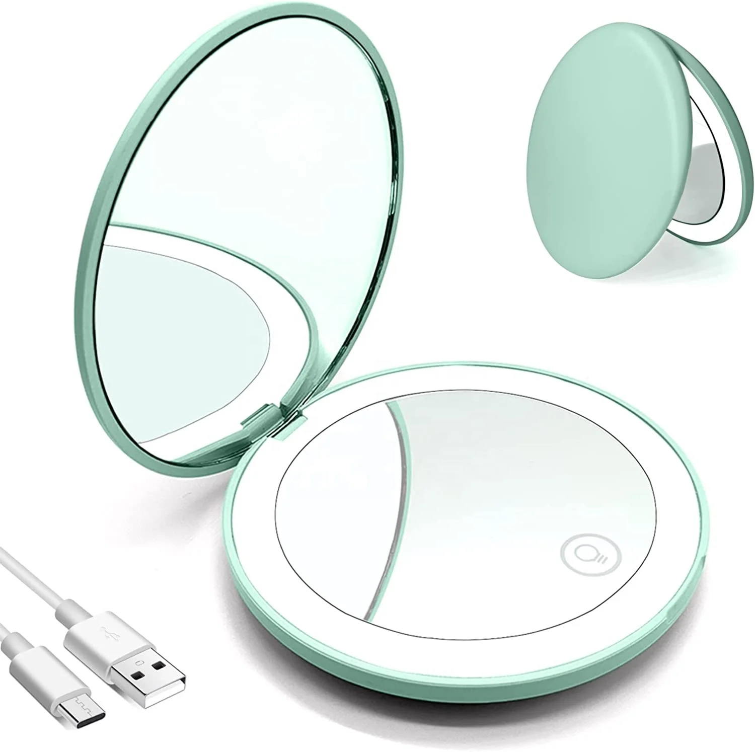 Beauty Outdoor Mini Small Personal Bag Led Makeup Pocket Compact Cosmetic Mirror Folding Hands Portable Travel Silver OEM Box