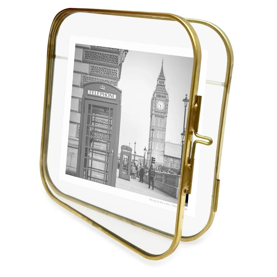 Vintage Gold Vintage Style Brass and Glass Floating Photo Frame Metal Cassette Seal and Bevel Base Suitable for Pictures Art