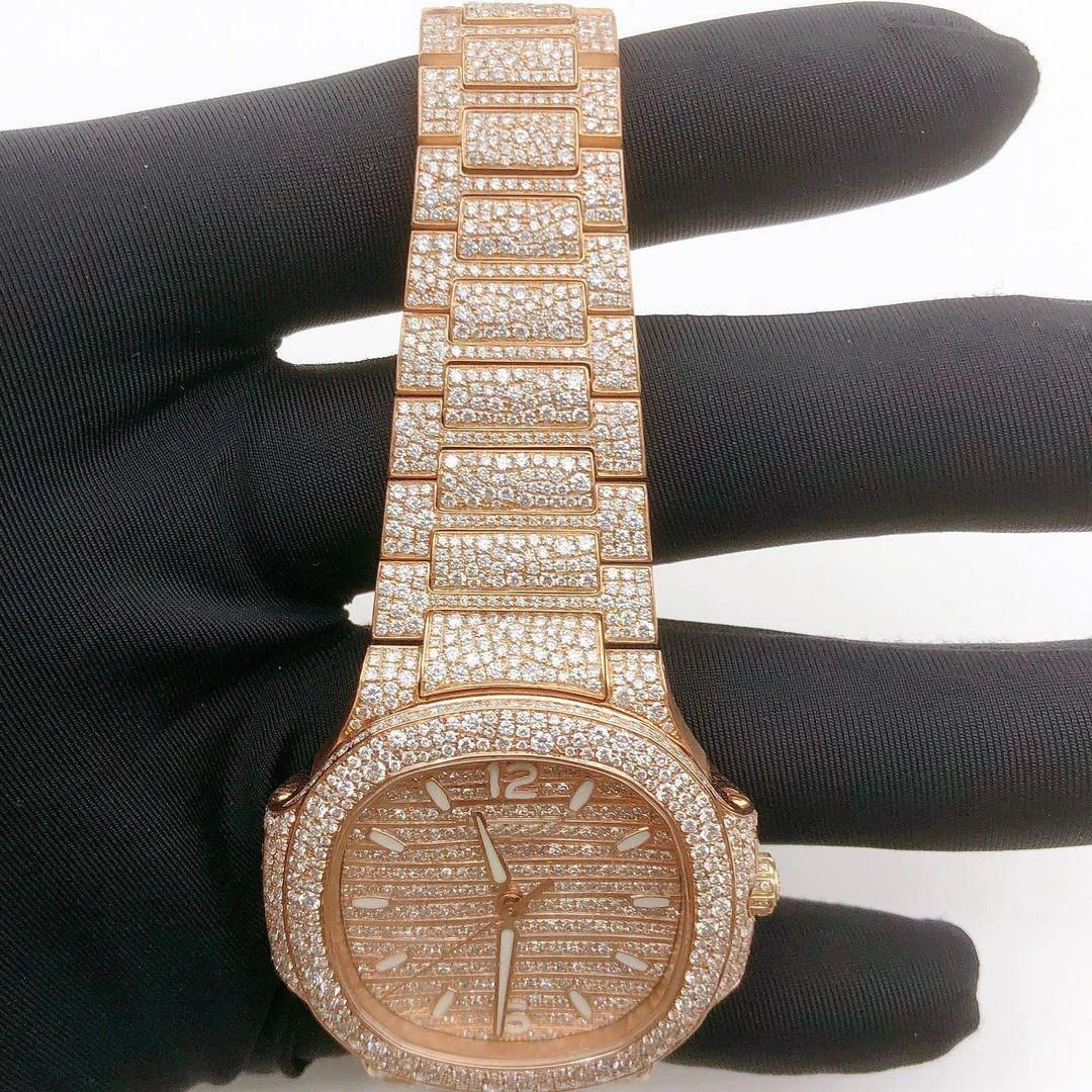 Yellow Gold Tone Watch Handmade Watch, Automatic Movement Watch For Men, Fully Iced Out Swiss ETA Diamond Wrist Watch