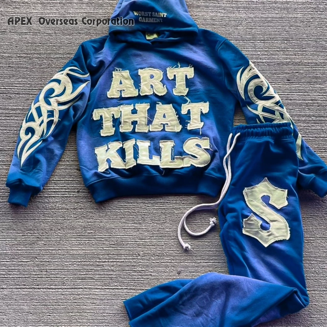 Distressed Embroidery Patch Sweatsuit Streetwear Sweatpants And Hoodie Set Sun Faded Stone Acid Washed Men Tracksuit