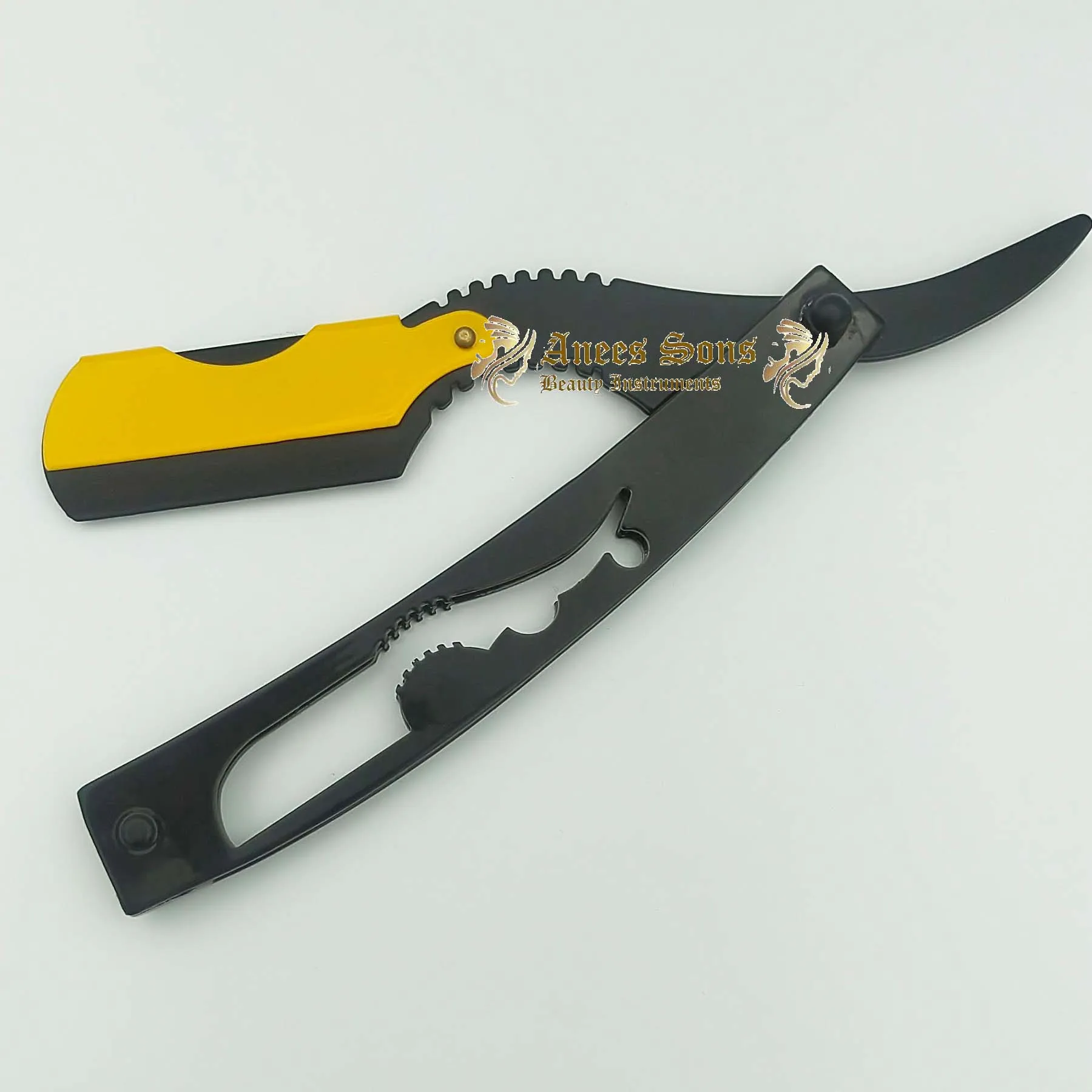 Yellow Swing Lock And Black Coated Stainless Steel Barber Straight Edge Razor For Wet Shaving
