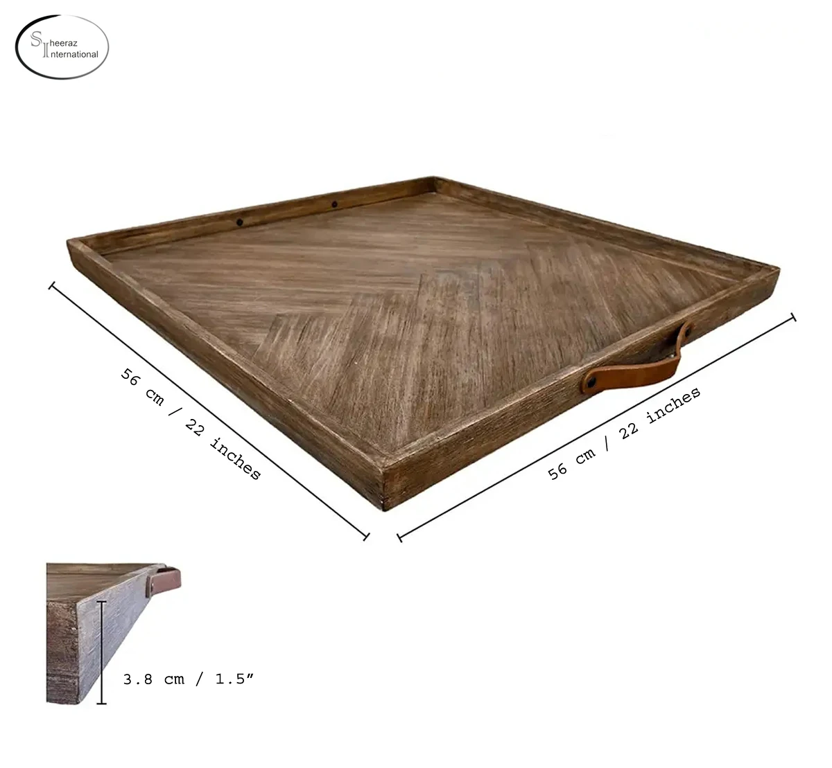 High Quality Square Large Ottoman Acacia Wooden Serving Tray with Leather Handles Commercial Restaurant Food Tray Breakfast Tray