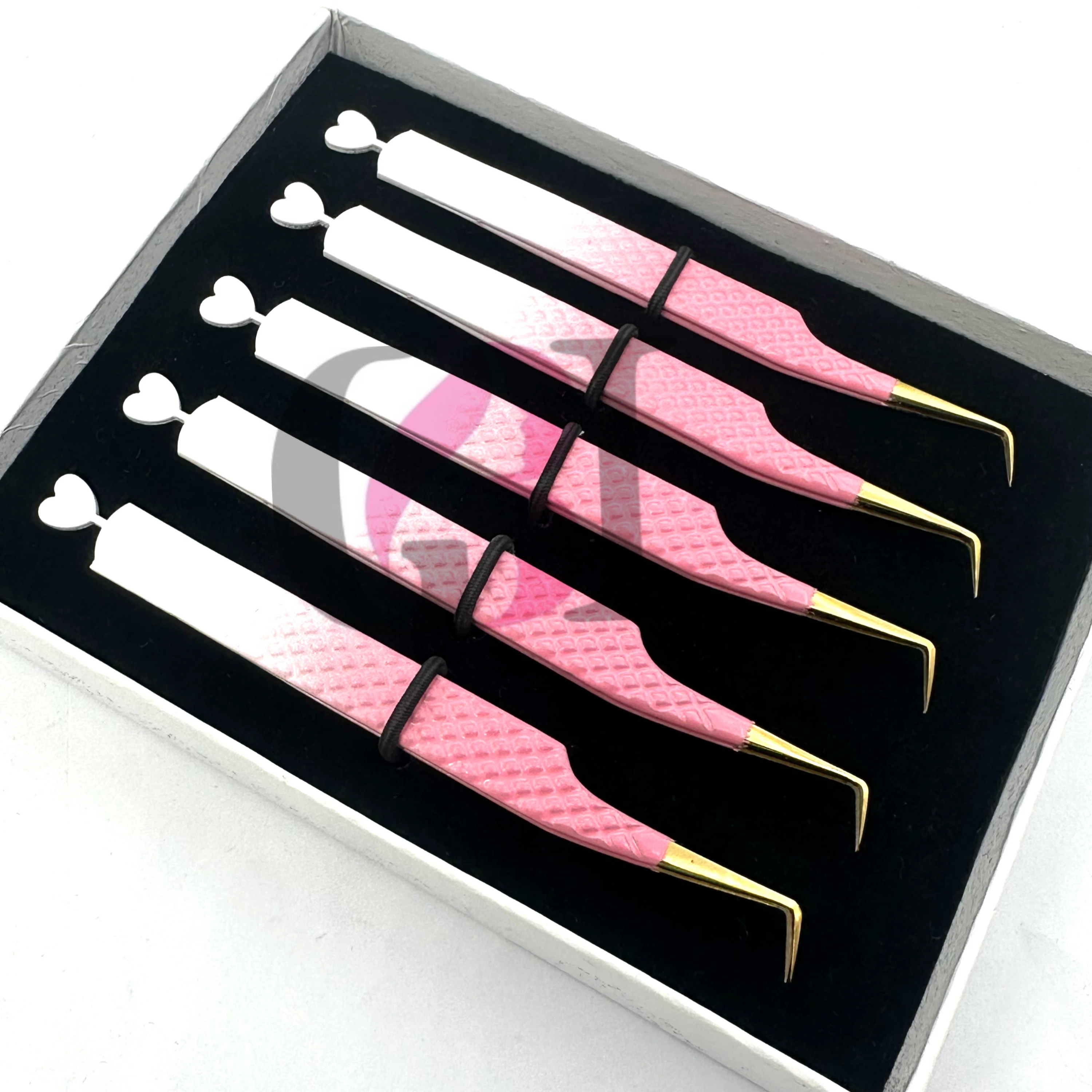 Professional Double Color Powder Coating 90 Degree Back Side Heart Cutout Design Gold Tip Eyelash Extension Tweezer Beauty Tools