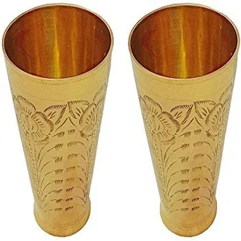 Wholesale Indian Pack of 2  Brass Punjabi Lassi Glass Floral Carving Tumbler Cup Water Glass (700-800 ml Each Approx.)
