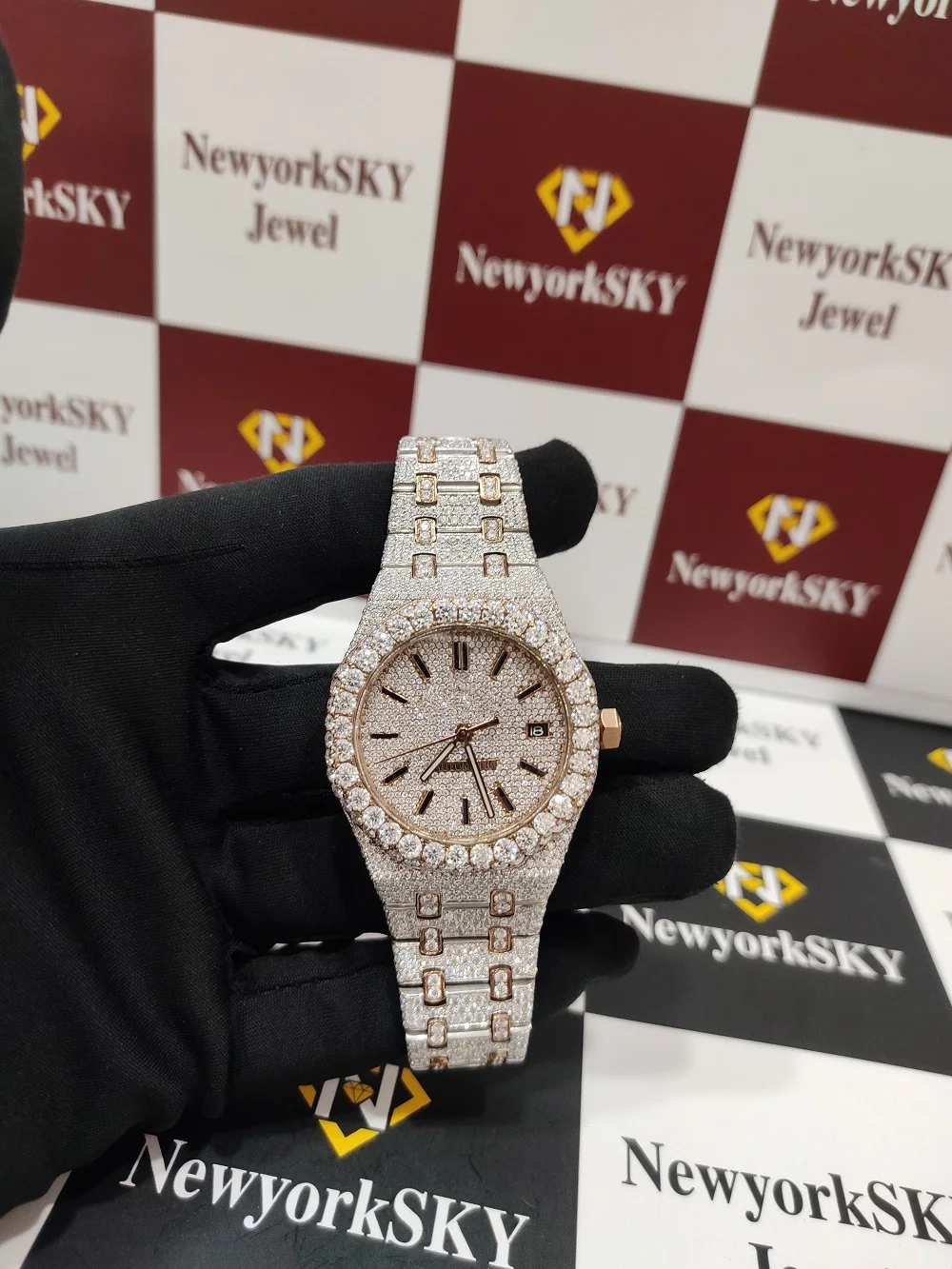36mm VVS Moissanite Diamond Studded Automatic Movement Fully Icedout Bust Down Wrist Watch For Men Women Manufacturer From Surat