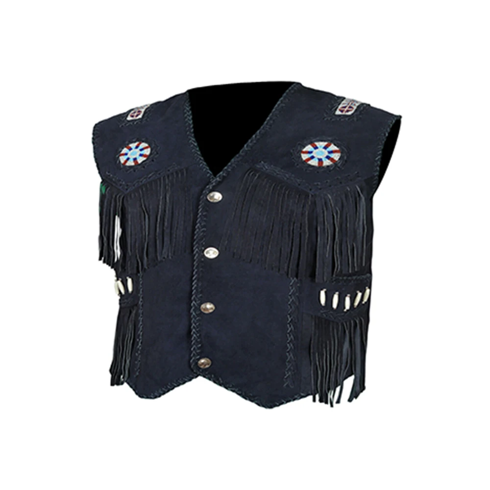 Men Cow Suede Leather Fringed & Beaded Hand Made Work American Style Indian Style Men Leather Vest