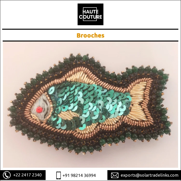 Custom Size Bullion Kora Thread Embroidered Handmade Sequins Miyuki Beads Made Fish Brooch at Reasonable Price