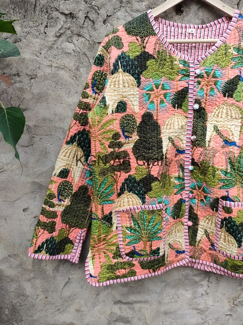 Indian Village Print Jacket Coat women Kimono Robe style Beach wear bohemian winter jacket Short Quilted kantha jacket gifts
