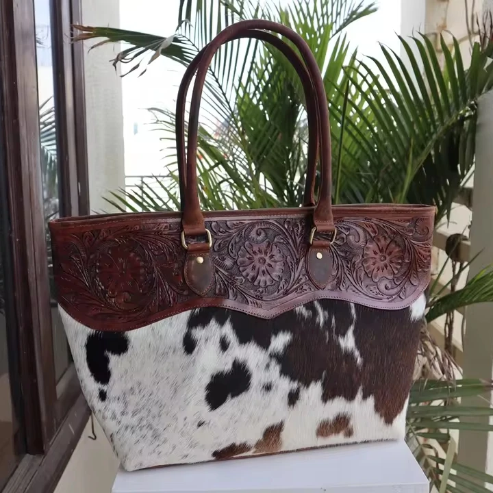 Latest Western Hand Tooled Leather Purse, Western Tote Bag, Concealed Carry Genuine Hair On Cowhide Purse Leather Shoulder