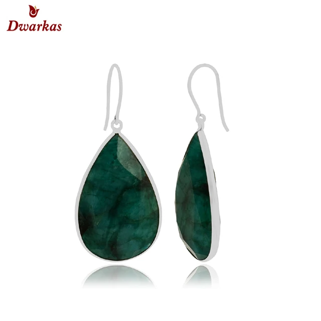 Classic 925 sterling silver green stone pear shape bezel setting drop earring for ladies and girl jewely