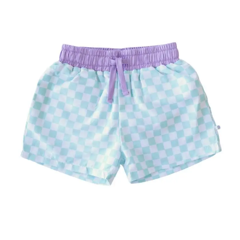 Summer Happy  Baby Blue White Plaid Lace Elastic Waist Purple Bummieskids Swim-Trunks-Custom Logo Wholesale