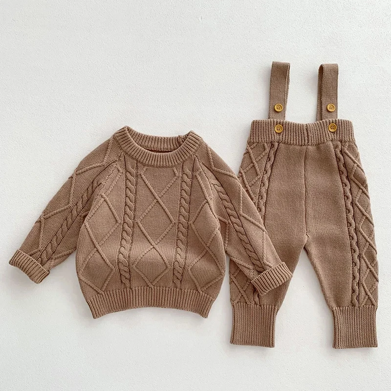 Autumn Boys Baby Girls Clothes 2 Piece Set Cotton Knitted Overalls Pullover Round Neck Toddler Boys Clothing Sweater