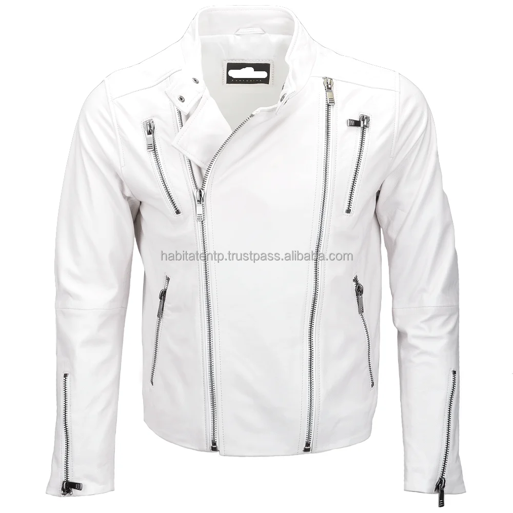 Real Genuine Leather Jackets for Men White Color Zipper Designs Online Hot Selling Biker Jacket