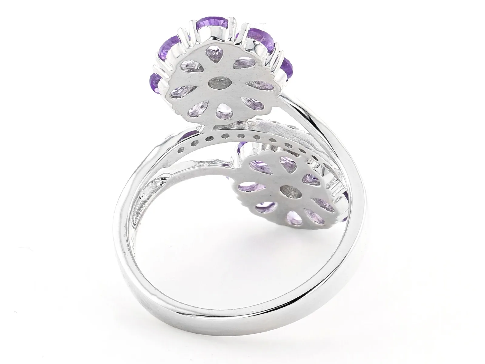 Purple Amethyst Flower Bypass Ring: Rhodium Over Sterling Silver | Exquisite Fine Jewelry | Elegant Design with Vibrant Sparkle