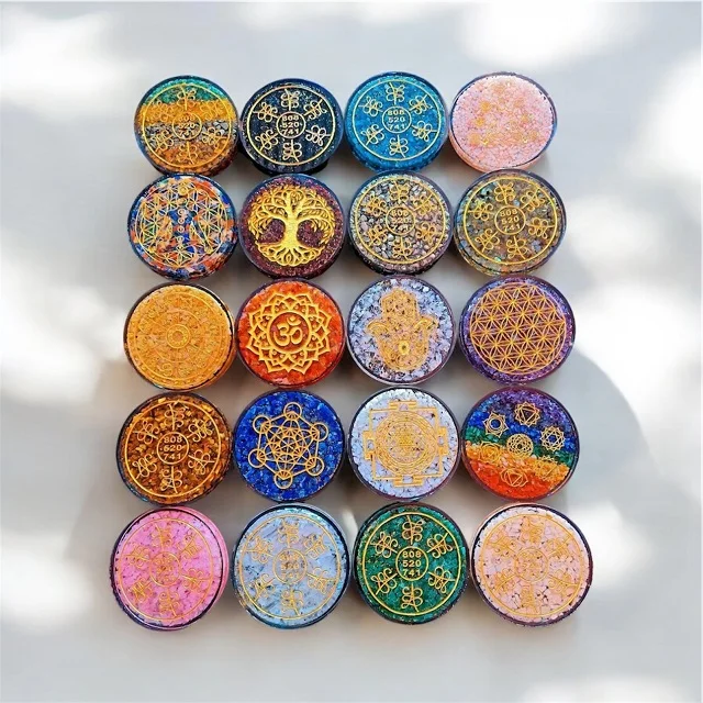 New Product Natural 4 Inch round Orgone Coaster with Engraved Design Semi-Precious Stone Crafts From King Agate